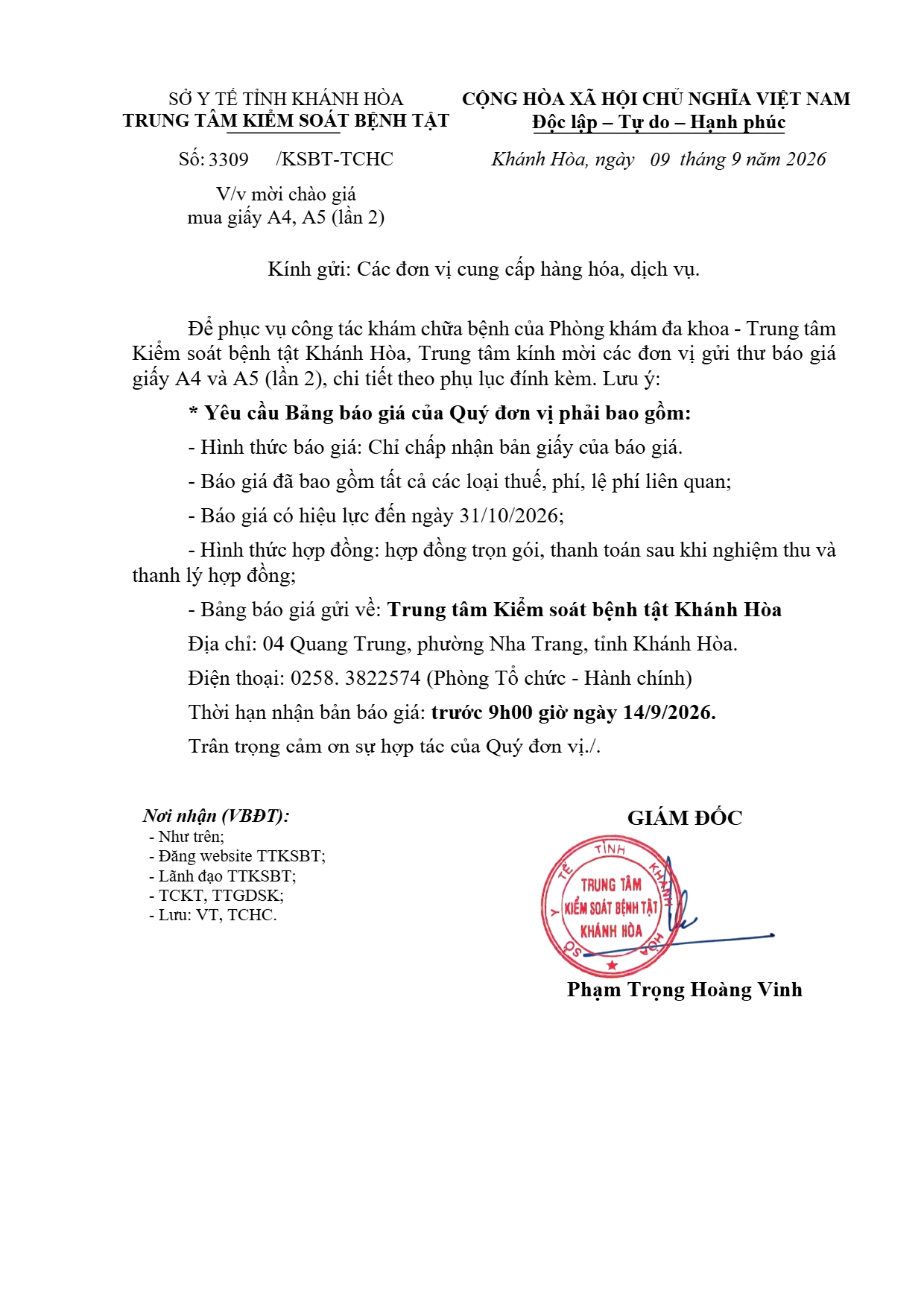 V/v mời chào giá mua giấy A4, A5 (lần 2)